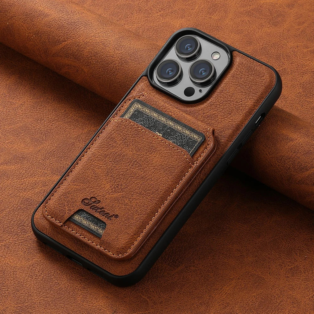 Leather for Magsafe Case for iPhone 16 15 Pro Max 16e 14 Plus 16Plus Bracket Magnetic Back Cover with Card Holder