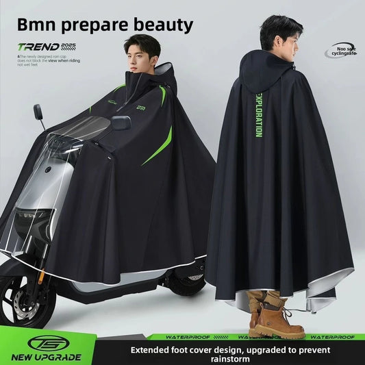 Full Body Waterproof Hooded Rain Poncho with Reflective Details for Motorcycle Riding