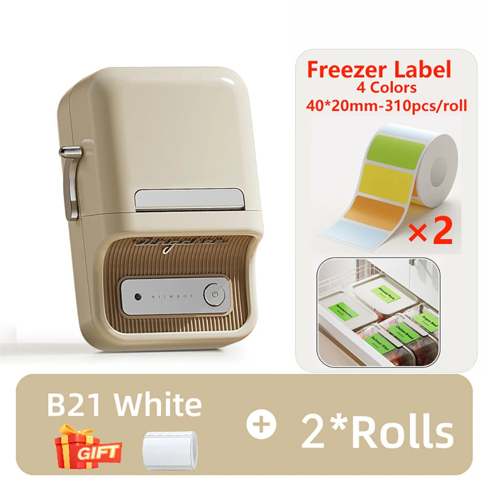 B21 Kitchen Label Printer, Bluetooth Wireless Thermal Label Maker 20–50mm, Inkless Freezer Sticker Printer for Home & Food Storage