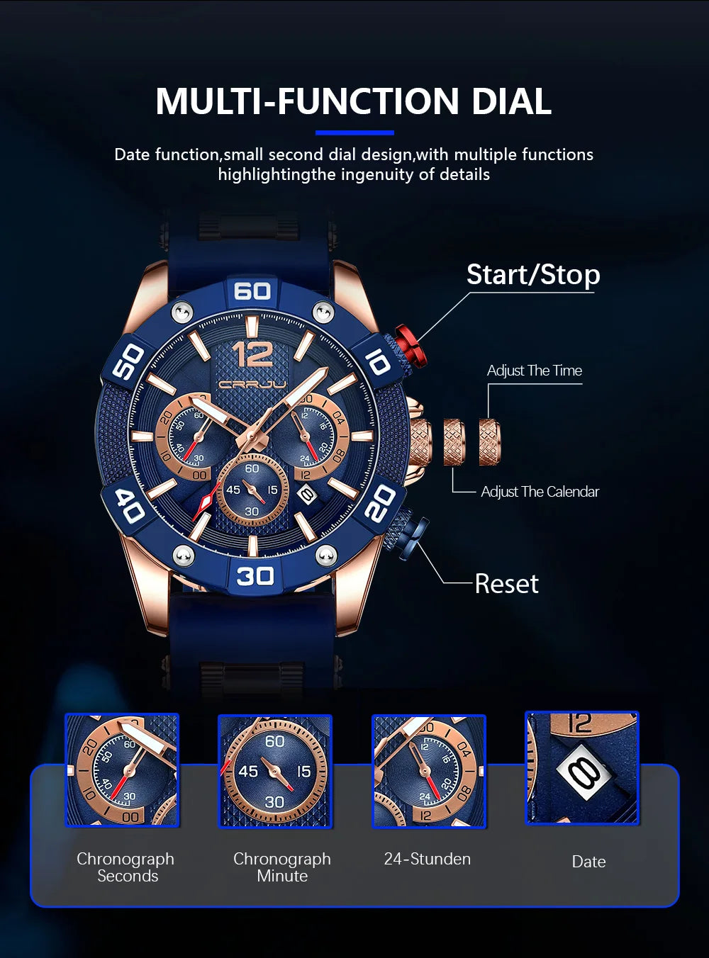 Men Watch Quartz Chronograph Full Steel Waterproof Wristwatch with Date