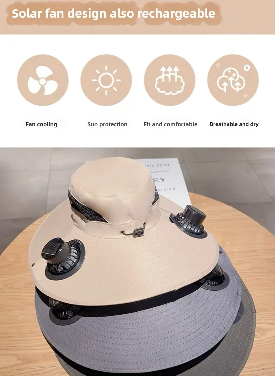 Wide Brim Solar Fan Hat With Dual Fans