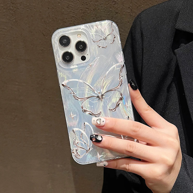 For iPhone 14 15 16 17 Pro Max Case Luxury Laser Silver Butterfly Phone Case for iPhone