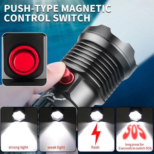 Rechargeable Diving Flashlight IPX8 Waterproof Underwater LED Torch Strong Light Dive Lamp