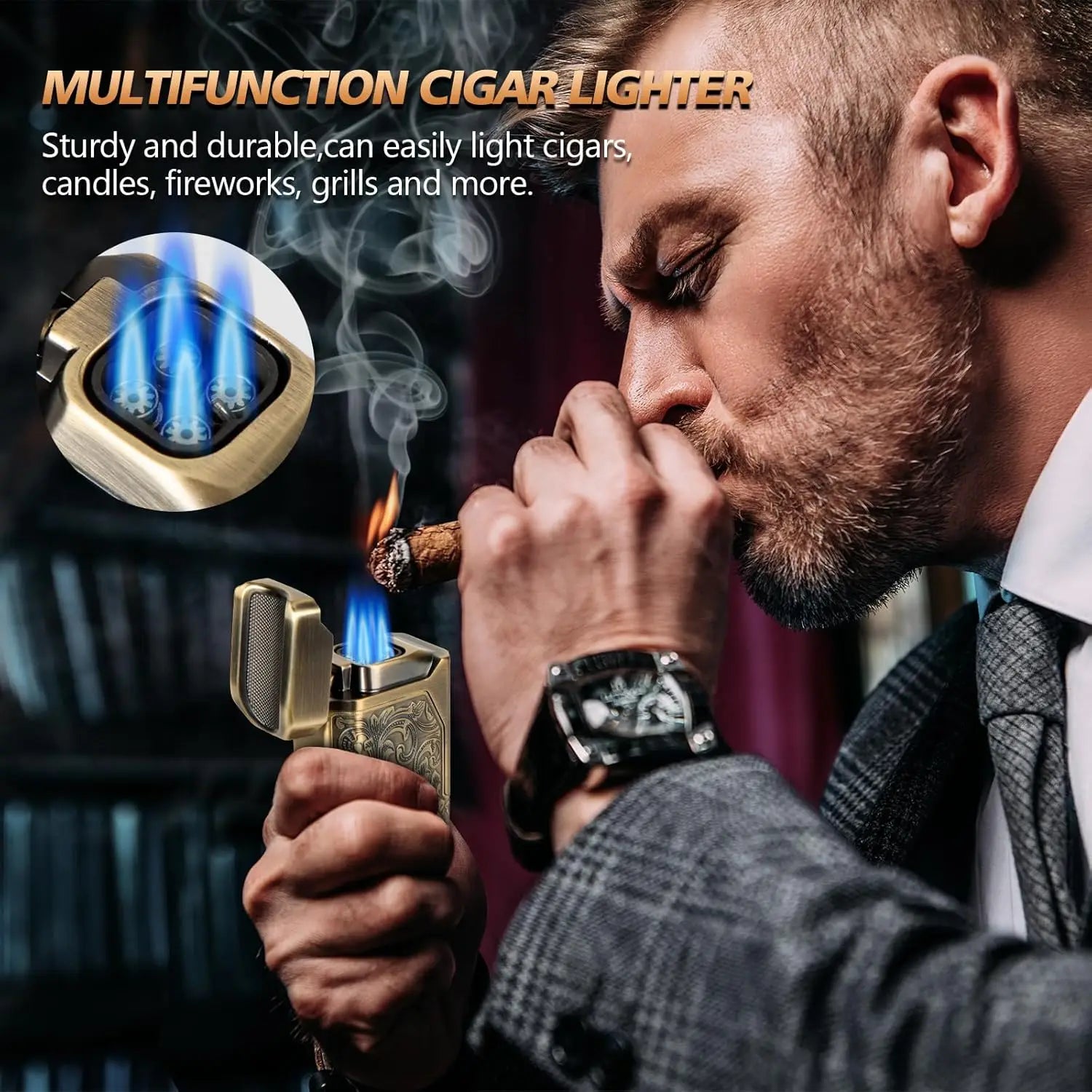 Cigar Lighter 4 Jet Flame, Refillable Butane Lighter with Cigar Cutter V Cut Cigar Punch Cigar Holder Cigar Draw Enhancer
