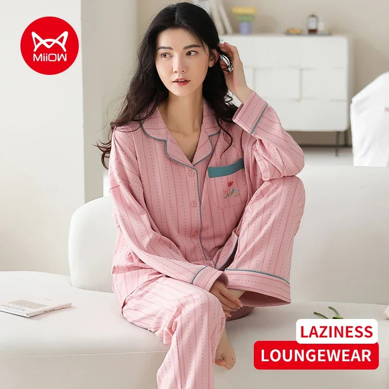 Women’s Winter 100% Cotton Pajama Set – Loose Fit, Turn-Down Collar, Long Sleeves, Cute Pink
