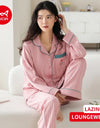 Women’s Winter 100% Cotton Pajama Set – Loose Fit, Turn-Down Collar, Long Sleeves, Cute Pink