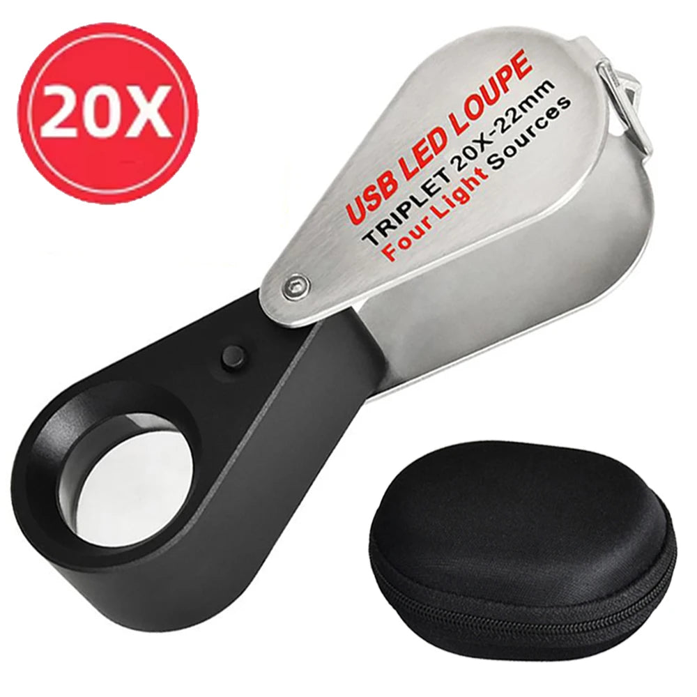 10X 20X 30X Rechargeable LED UV Jewelry Loupe with 4 Light Modes