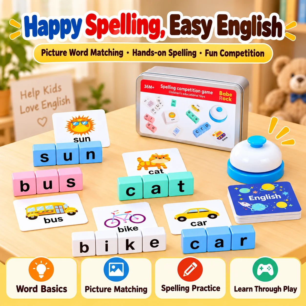 Wooden English Word Spelling and Memory Matching Game