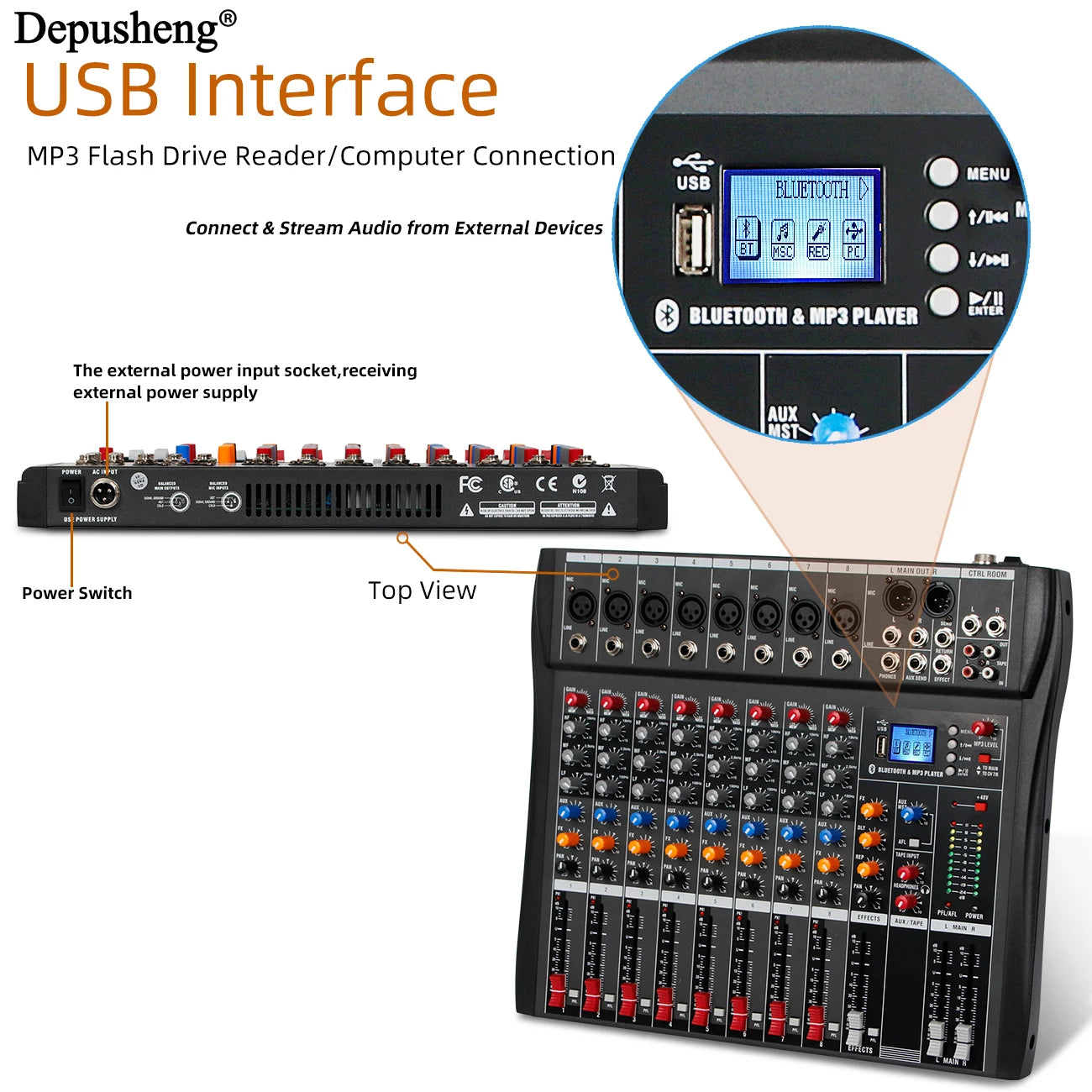 8 Channel Audio Mixer With Bluetooth USB PC Recording And 48V Phantom Power
