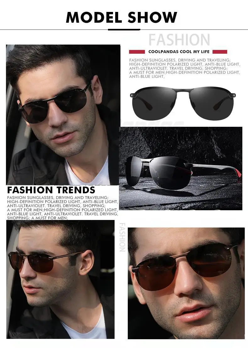 Rimless Photochromic Polarized UV400 Aluminum Driving Sunglasses for Men Women