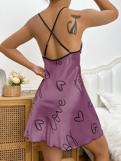 Heart Print Nightdress Elegant Scoop Neck Criss Cross Back Sleep Dress  Women's Sleepwear