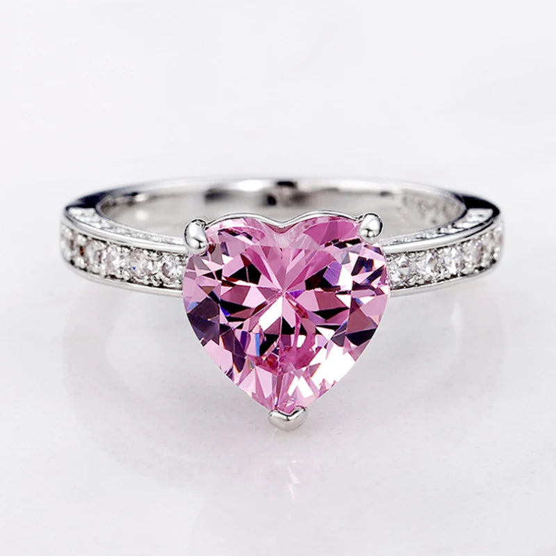 Cute/Romantic Heart Shape Cubic Zirconia Ring Bands Luxury Pink Stone Bridal Wedding Jewelry Rings