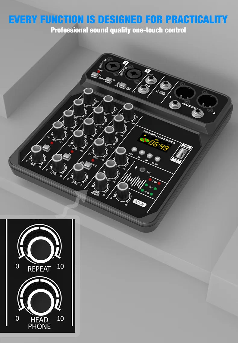 4-Channel Mixing Console Bluetooth Audio Mixer 48V Professional USB Computer Karaoke