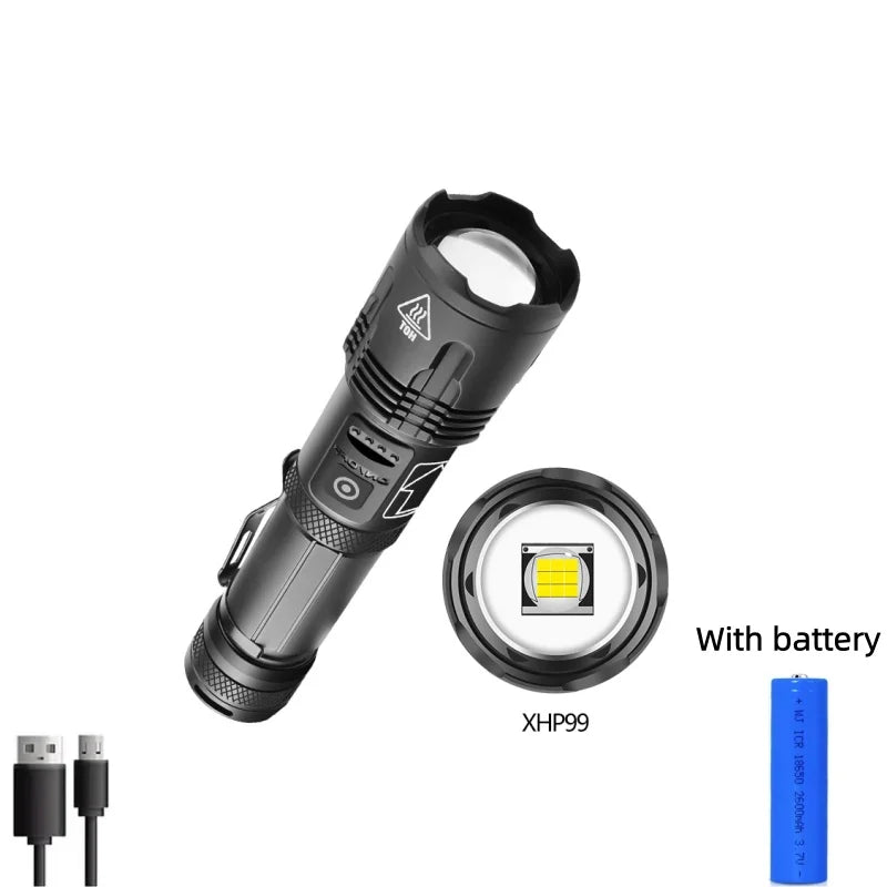 High Power Tactical Flashlight Rechargeable Zoom LED Torch with 5 Charging Modes Pen Clip