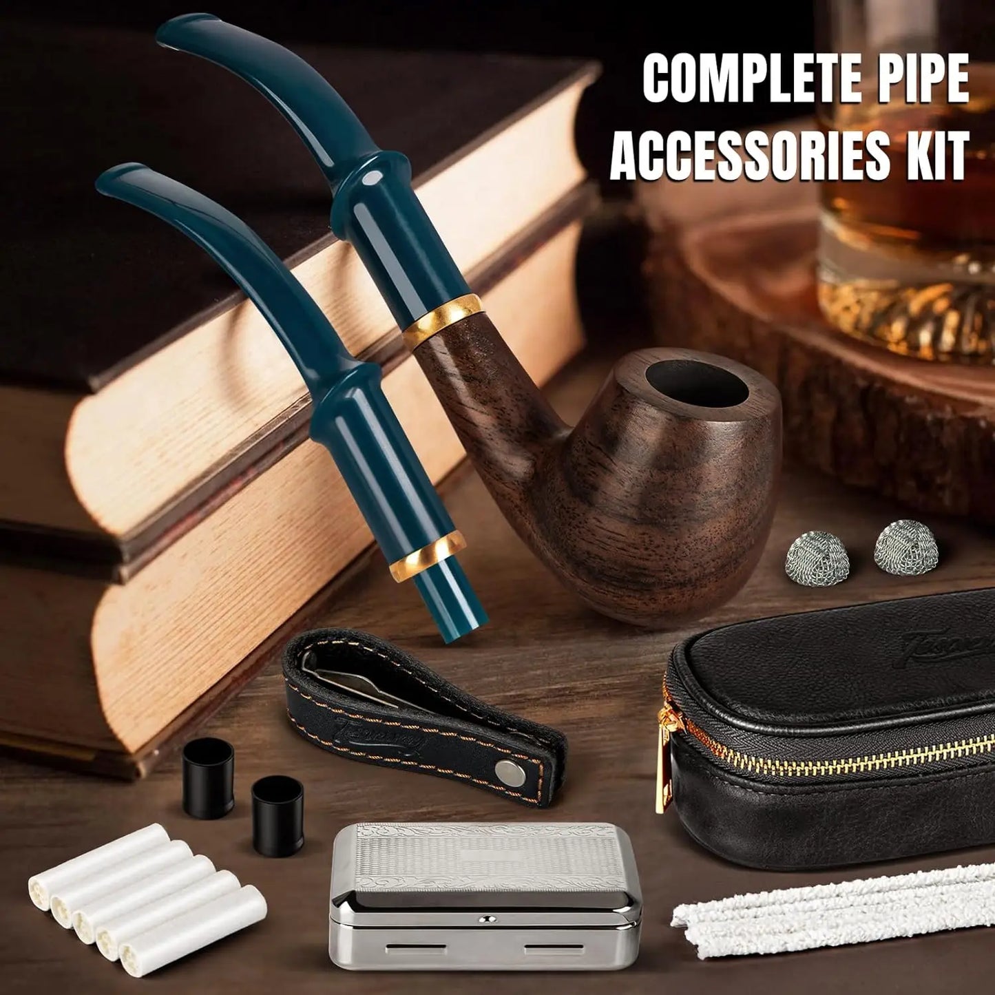 Wood Pipe Set with PU Leather Travel Pipe Pouch, Replaceable Pipe Stem, Pipe Filters and Pipe Accessories