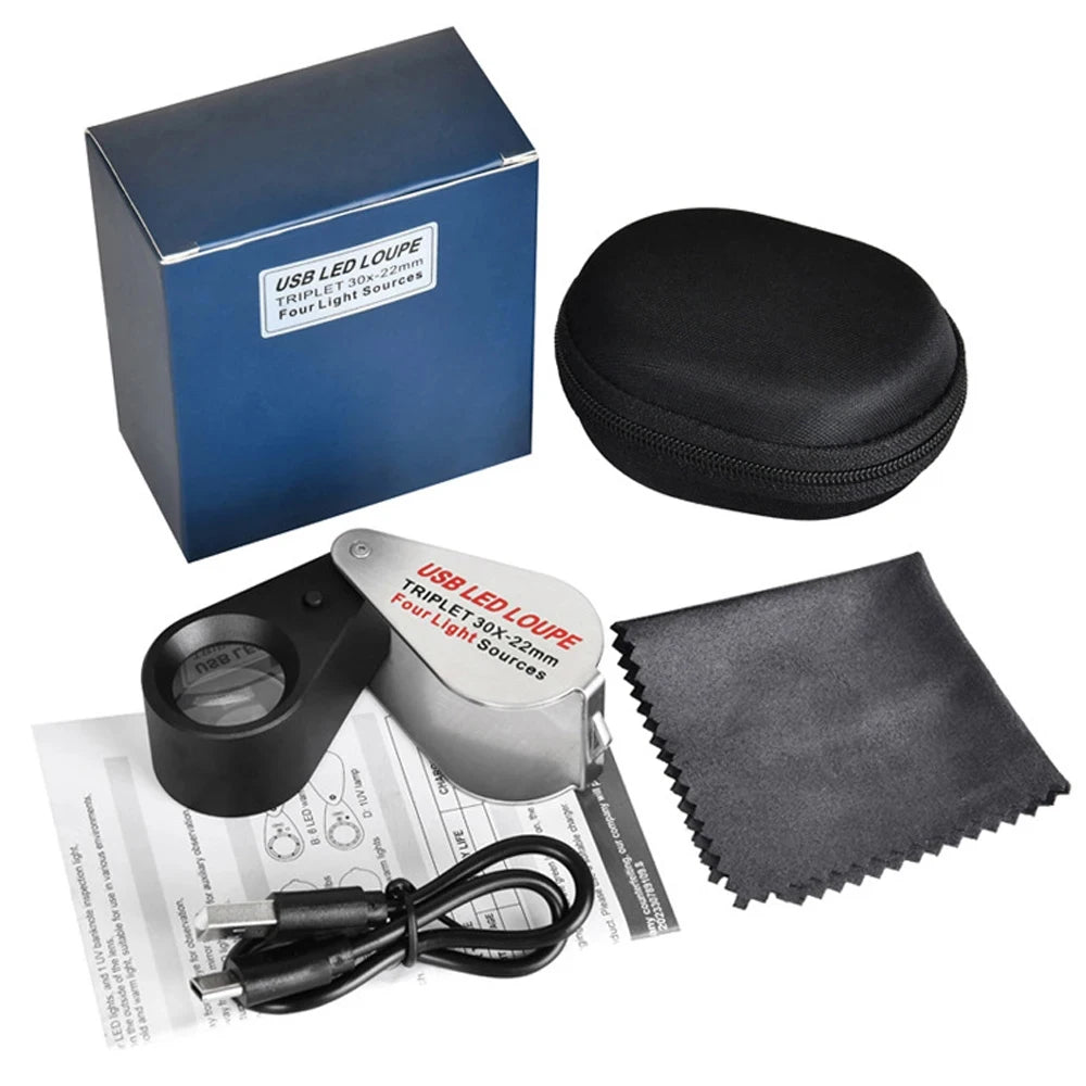 30X Rechargeable LED UV Jewelry Loupe 4 Light Modes Pocket Magnifier