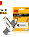 Kodak Type C Two in One USB Flash Drive 32GB 64GB 128GB Computer Mobile Phone Dual Use USB Flash Drive Rotating Creative USB 3.1
