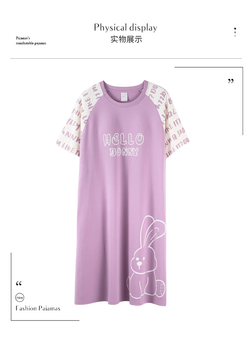 Women’s Cotton Nightgown – Korean Style Cute Print, Summer Short Sleeve Sleepwear Dress
