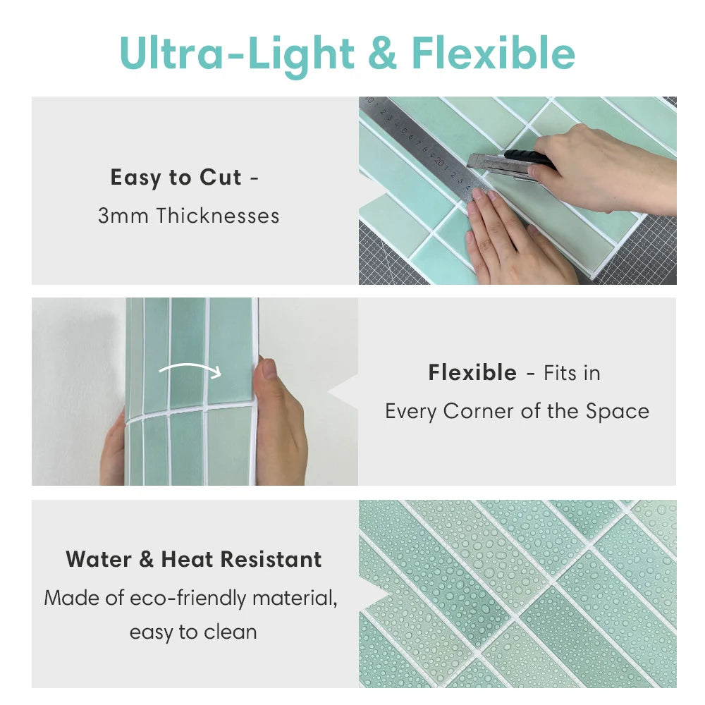 10pcs 3D Tile Stickers, Self-adhesive Green Tile Backsplashes for Kitchen, Bathroom Walls, Water and Mold Resistant, Matt, 30x30cm