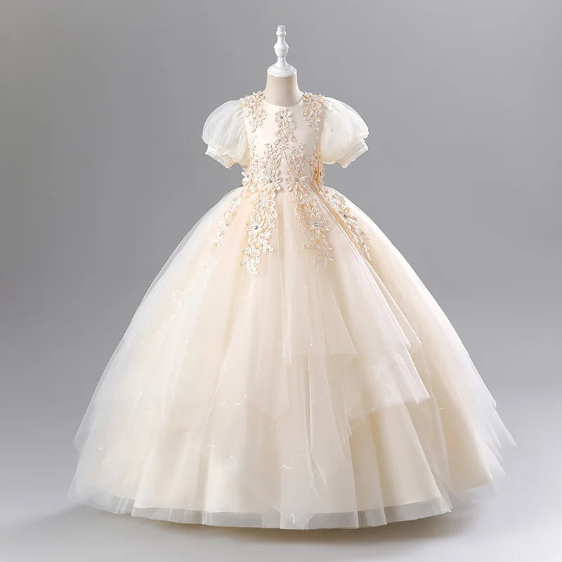 Girls Princess Ball Gown - Fluffy Tulle Party Dress for Flower Girl/Birthday/Pageant | Sparkly Puffy Sleeve Wedding Dress
