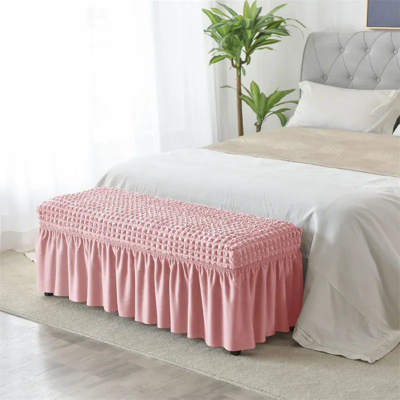 Stretch Long Bench Cover with Skirt Seersucker Ottoman Covers Elastic Piano Stool Protector Bedroom Bedside Footrest Slipcovers