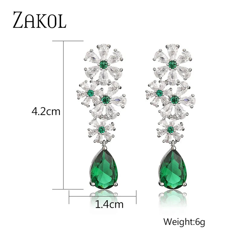 Vintage Luxury Green CZ Water Drop Flower Dangle Earrings