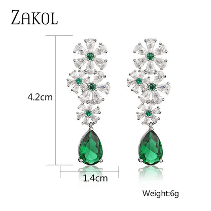 Vintage Luxury Green CZ Water Drop Flower Dangle Earrings