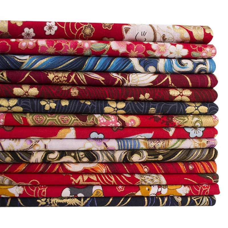 1/2/3M 23Colors Japanese Style Bronzing Cotton Fabric Kimono Clouds Cat Dog Cherry Blossoms Printed Sewing Fabric by the Meter