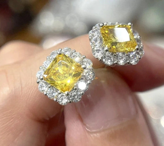 Yellow Square Crystal Stud Earrings for Women Exquisite Round Zircon Earring