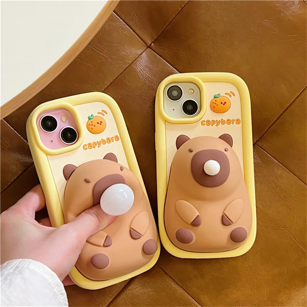 Cute Cartoon Capybara Squishies Phone Case For iPhone 15 13 14 Pro Max Blowing Bubble Lens Protection Soft Silicone Cover