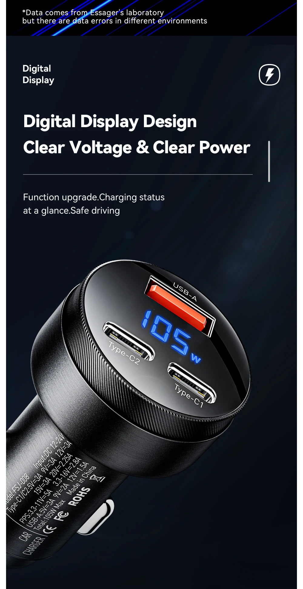 105W USB C Car Charger 3 Port PD 3.0 QC 4.0 Fast Charging GaN Adapter with Digital Display
