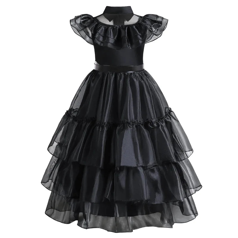 Girls Mesh Hollowed Out Cake Long Dress Cosplay American Drama Matching Ball Dress Black Kids Cospaly Dresses for Halloween