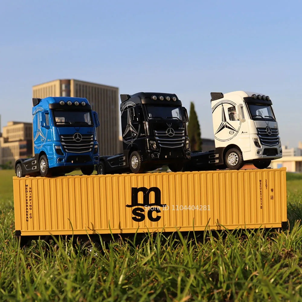 1:50 American Trailer Transport Vehicle Diecast Alloy Front End Container Truck Models Toys Sound Light Cars for Boys Xmas Gifts