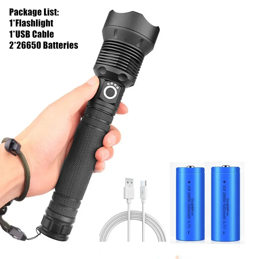XHP70.2 LED Flashlight Rechargeable Zoom Tactical Torch USB Waterproof Camping Hunting Light