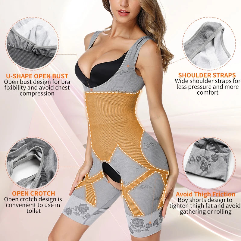 Women Bodysuit Shaperwear Waist Trainer Slimming Under bust Open Crotch Tummy Control Full Body Shaper