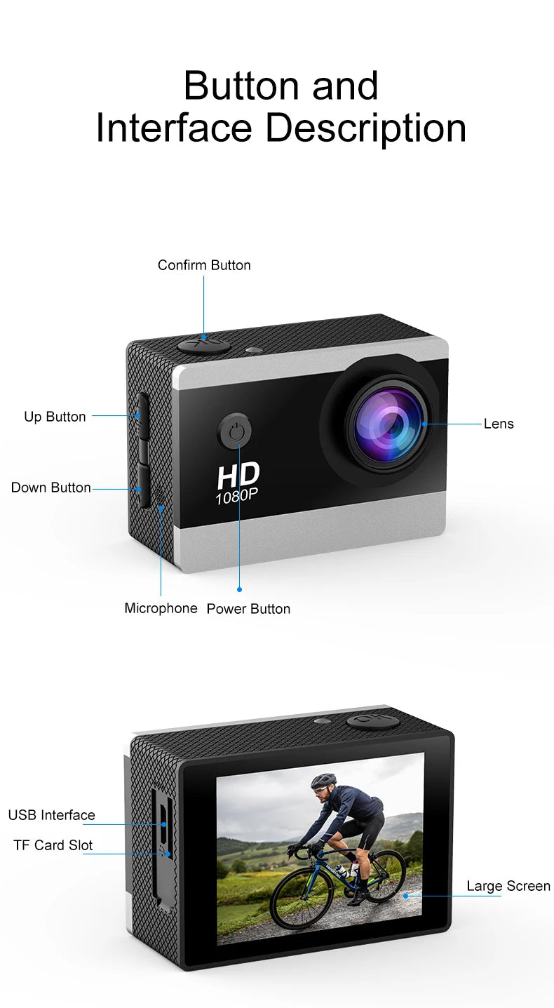 1080P Waterproof Action Camera with 2 Inch IPS Screen 170 Degree Wide Angle Helmet Sports Camera