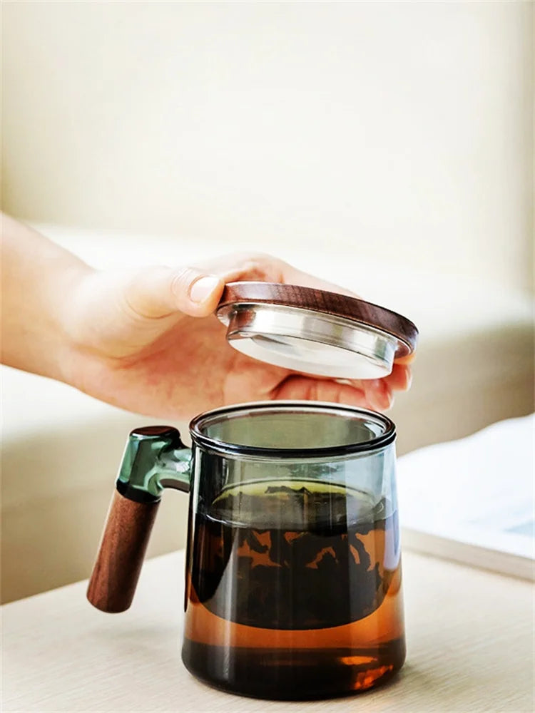 400ml Walnut Wooden Handle Lid Filter Glass Tea Cup Tea Water Separation Scented Tea Cup Office Flower Tea Separation Tea Mug