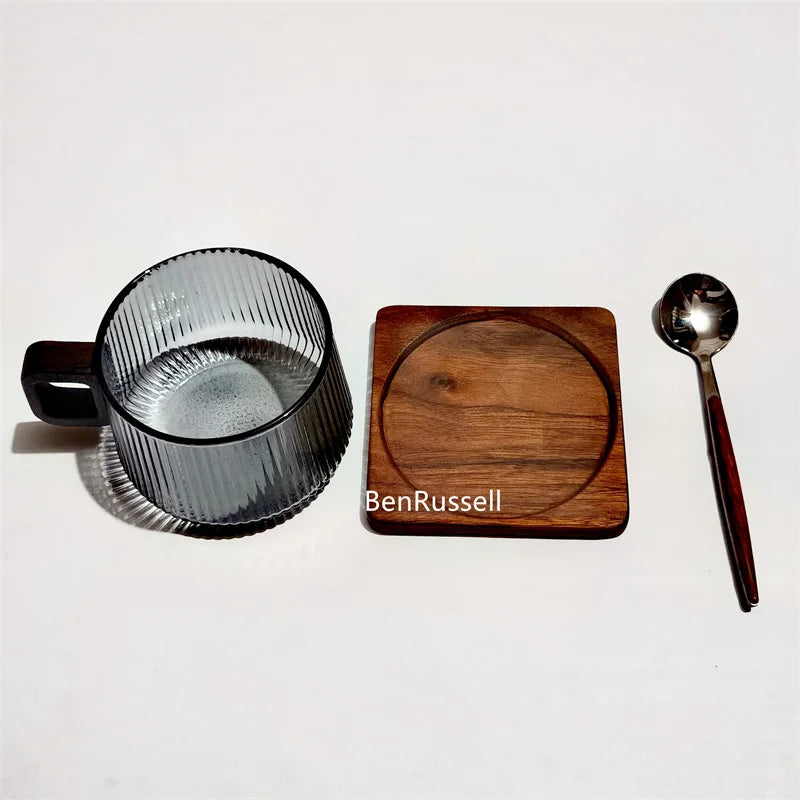 300ml Heat-resistant Stripe American Latte Glass Coffee Mug With Wooden Tray Spoon Milk Tea Cup Fresh Ground Coffee Cup