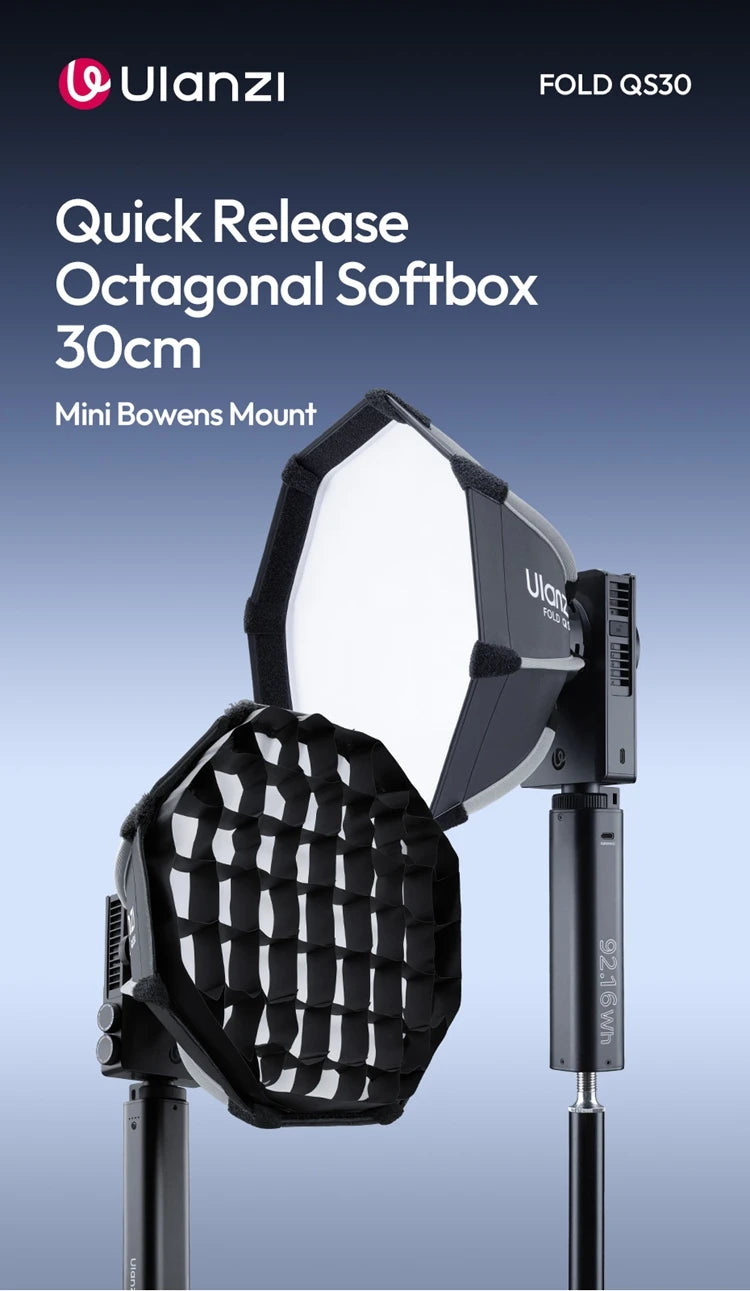 FOLD 30cm Octagon Softbox with Grid – Mini Bowens COB Light Flash, Lightweight & Quick Release