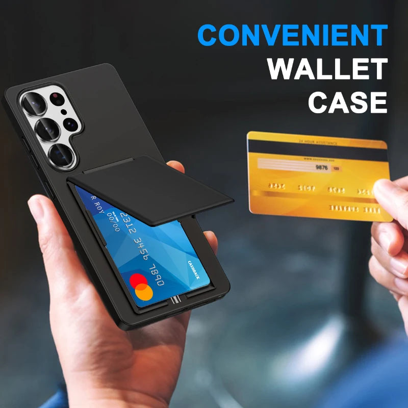 Luxury Solid Color Matte Wallet Card Slot Bracket Phone Case For Samsung S25 Ultra Edge S23 S24 Ultra Plus Bumper Back Cover