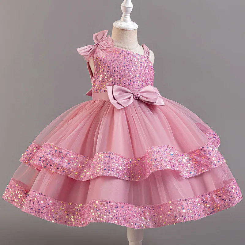 New Girls Sequin Tulle Cake Dress - Sparkling Layered Princess Gown for Baby‘s 1st Birthday & Banquet