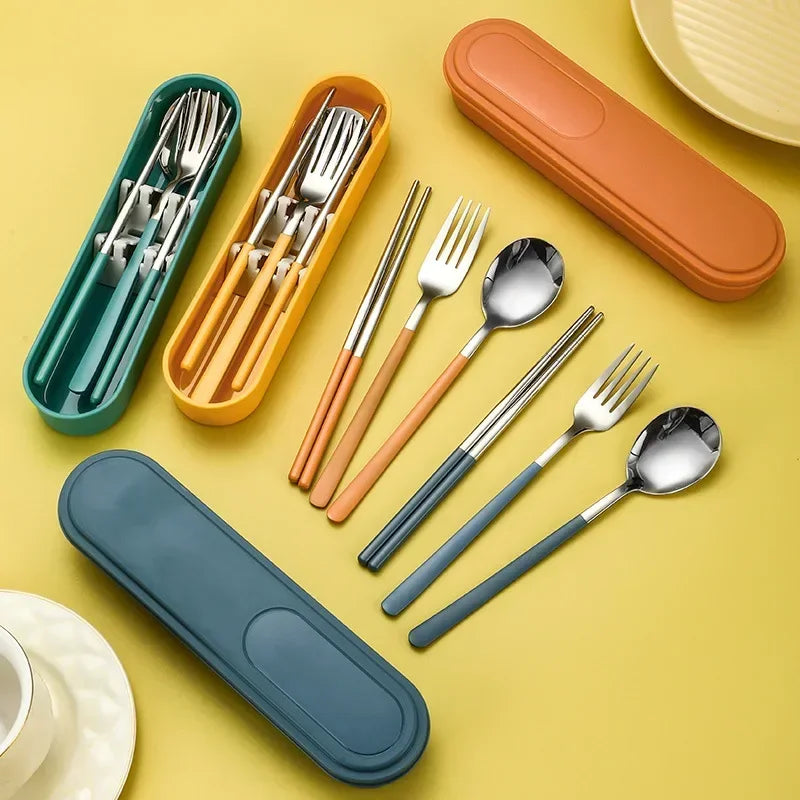 Portable Stainless Steel Cutlery Set with Storage Box, 304 Steel Fork Spoon, Travel Flatware for Student Outdoor, Dinnerware Set