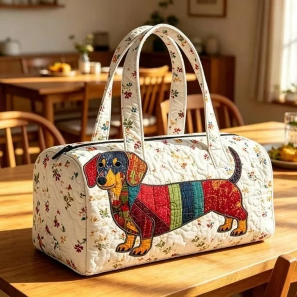 Cute Dachshund Dog Print Quilted Duffel Bag Rainbow Striped Pet Lover Travel Lightweight Polyester Weekender Bag for Women Girls