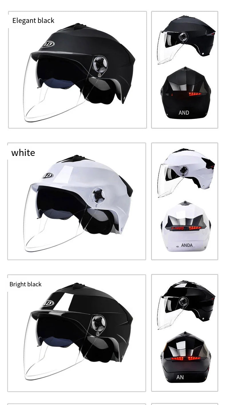 LED Motorcycle Half Helmet with Dual Visor Rechargeable Light