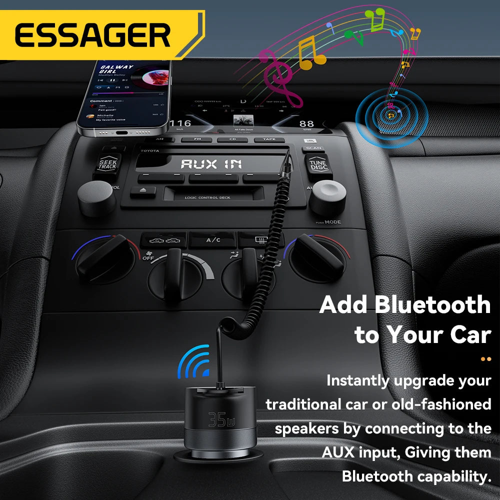 Bluetooth 5.3 Car Charger AUX Adapter PD 35W QC 30W Fast Charging USB C + USB with 3.5mm Audio