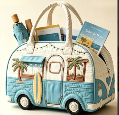 Bus Print Quilted Travel Duffle Bag Large Capacity Zipper Tote