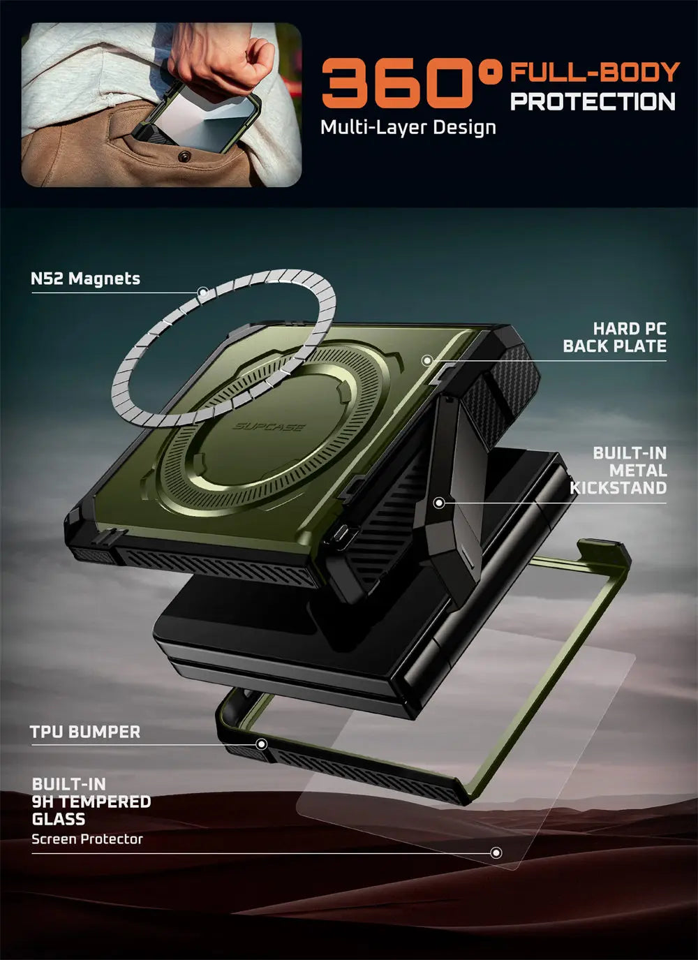 For Samsung Galaxy Z Flip 7 Case UB Grip Military-Grade Rugged Back Phone Case with Stand & Front Screen Protector