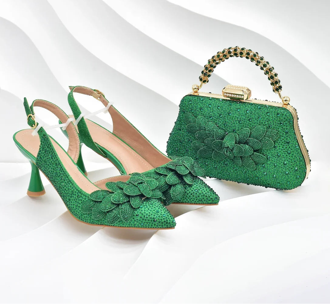 Italian Design Luxury Women's Pointed Toe Shoes Bag Set Full Diamond Decoration Party Women Shoes Fashion