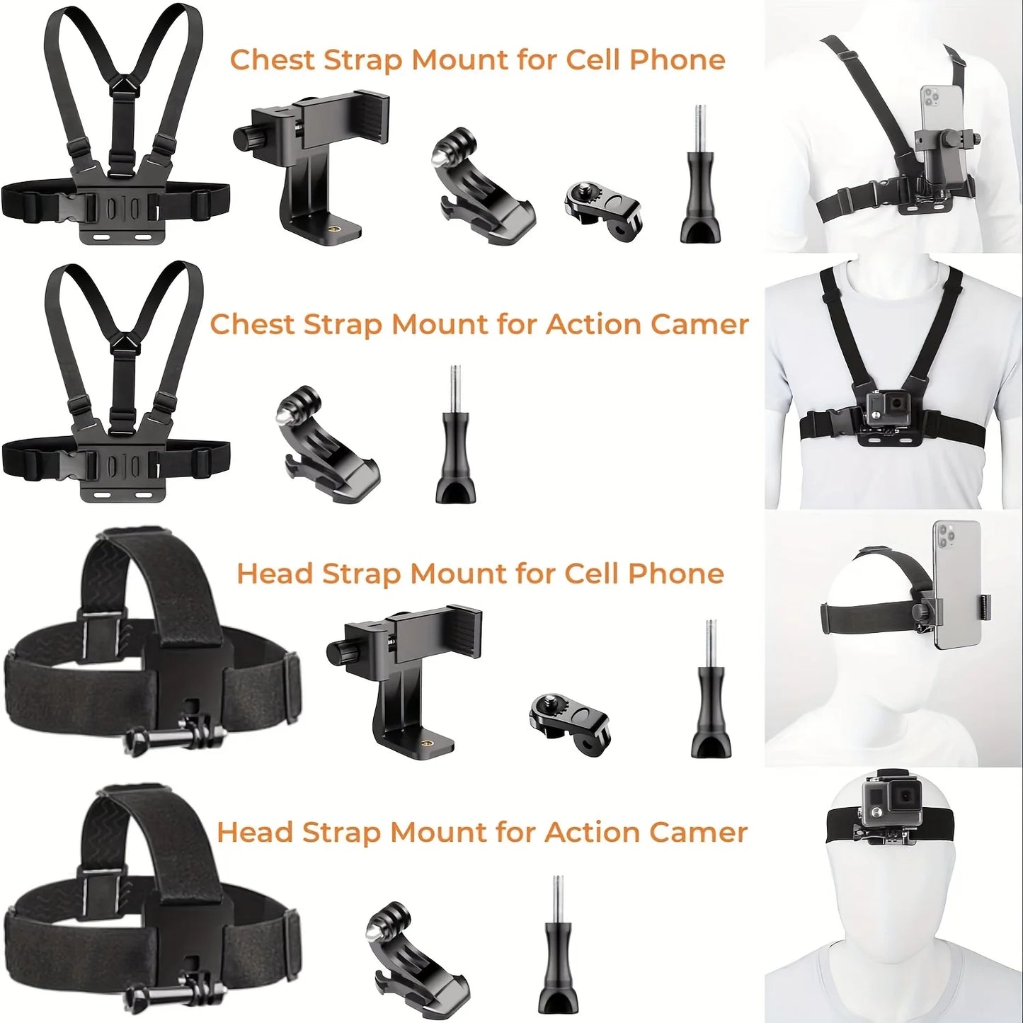 Adjustable Headband and Chest Mount Strap Holder for Mobile Phones and Action Cameras Compatible with GoPro DJI and More Hands Free Shooting Accessory