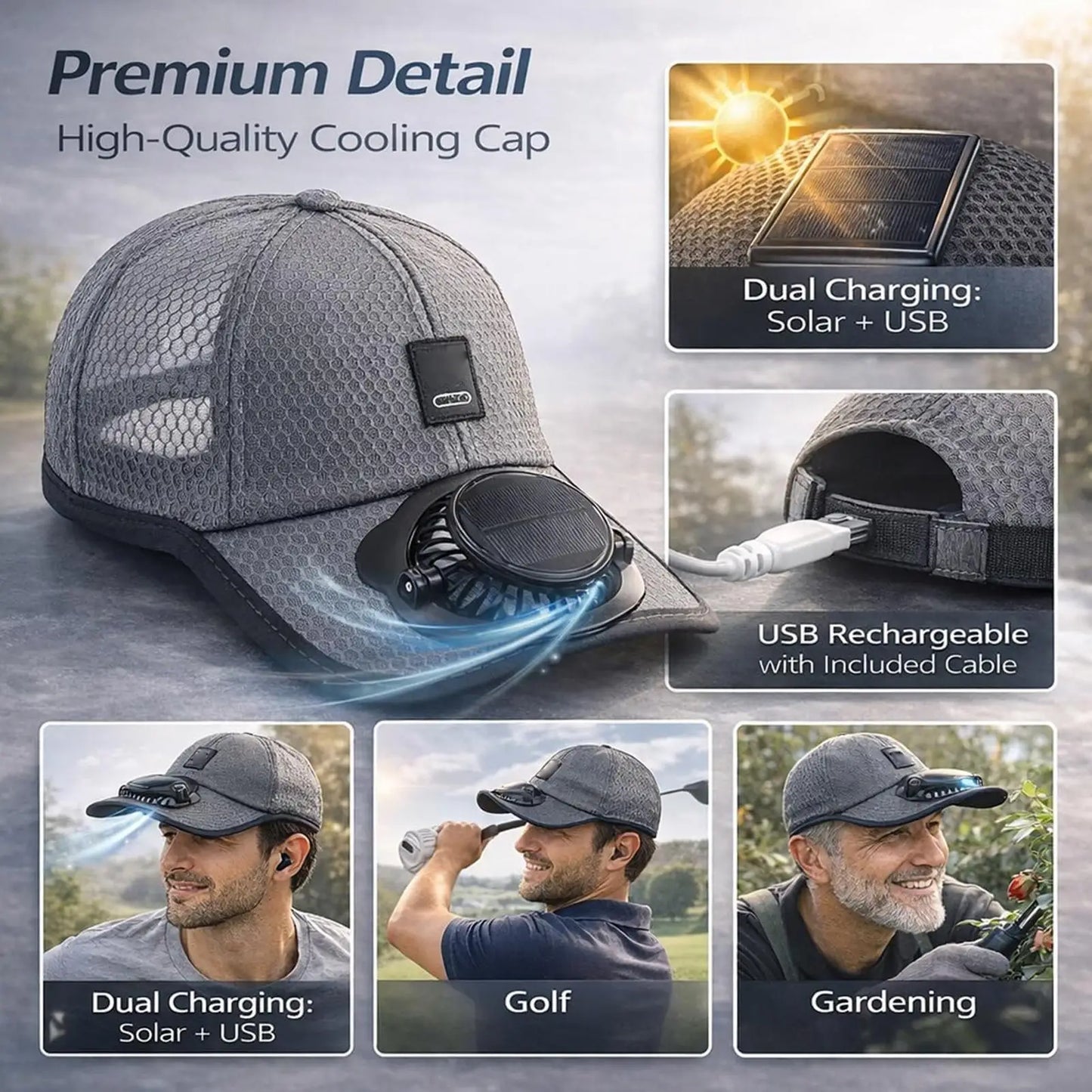 Wide Brim Solar Fan Hat With USB Charging